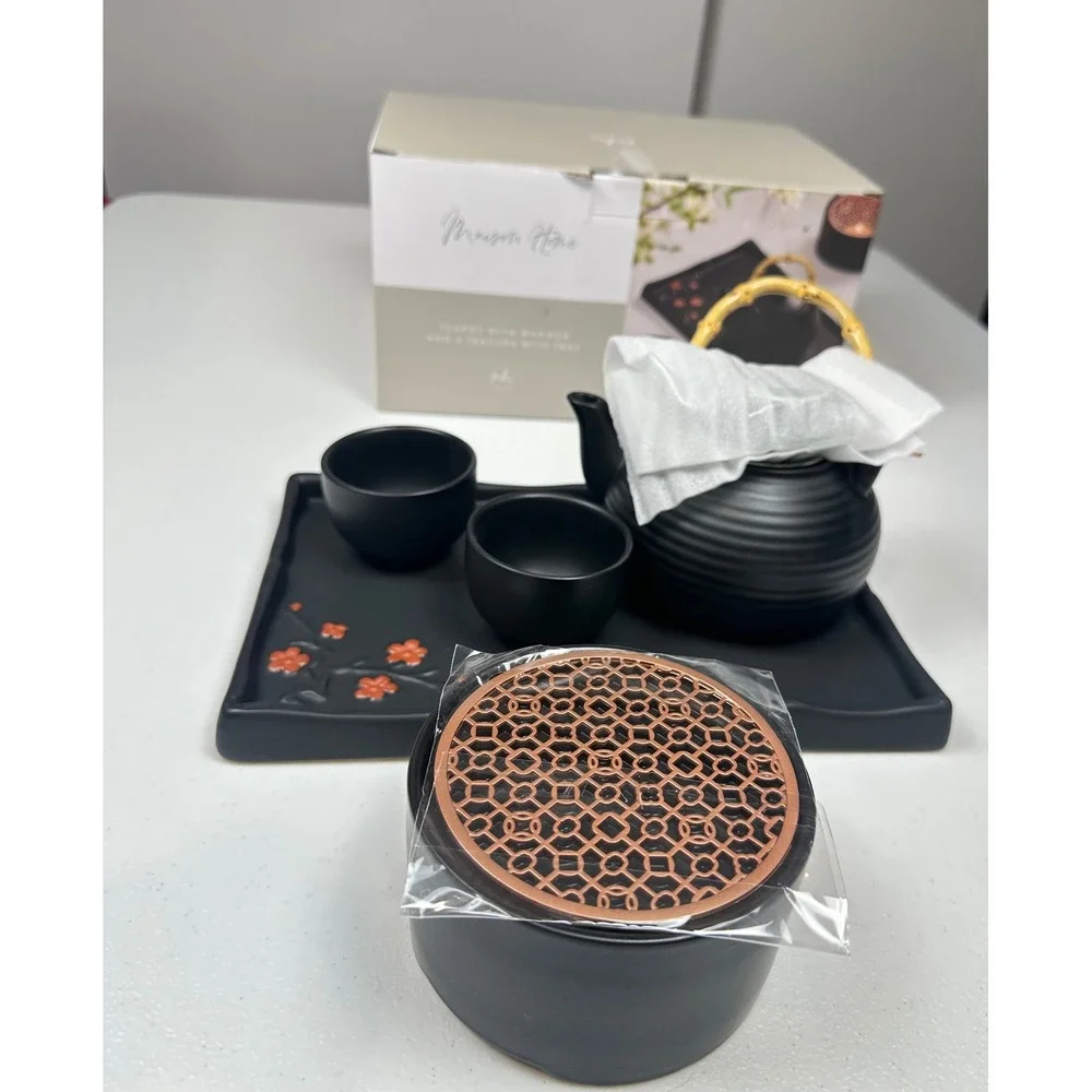 Maison Home Matte Black Ceramic Tea Set Teapot Warmer 2 Cups Tray Cherry Blossom